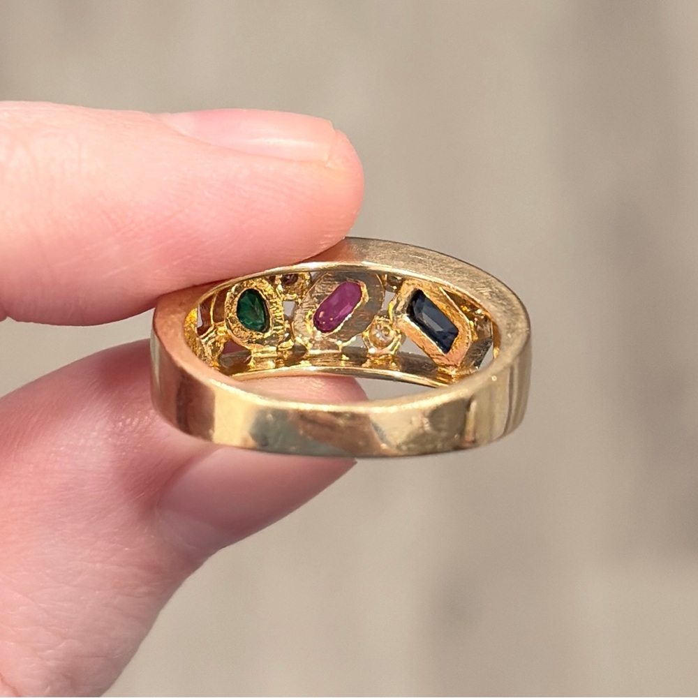 Vintage 14K Natural Precious Gemstone Ring Ruby Sapphire Emerald Diamond 7.5 - Picture 13 of 17